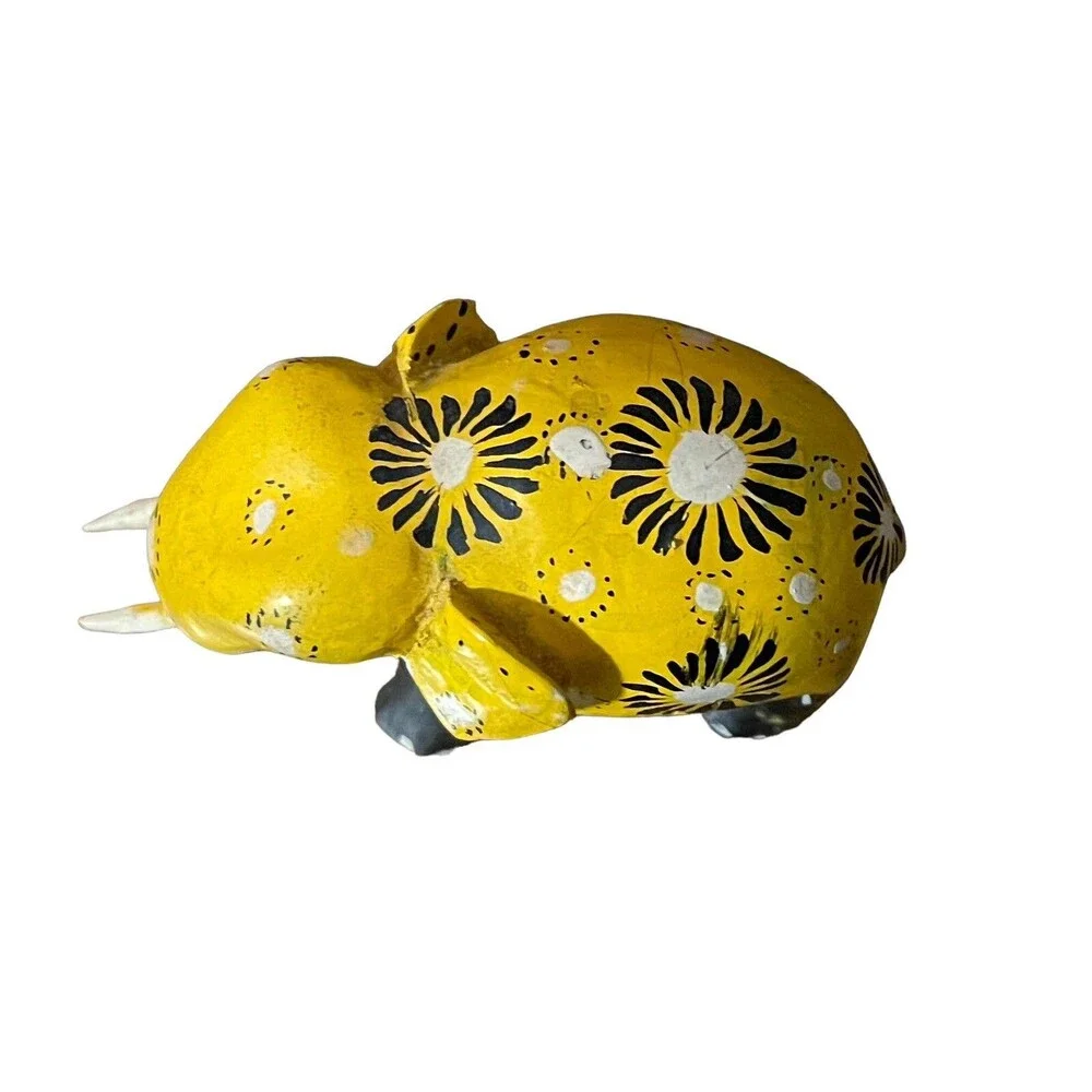 Vintage Hand Carved Hand Painted Elephant Yellow Black White 2” x 3” Wood Figure